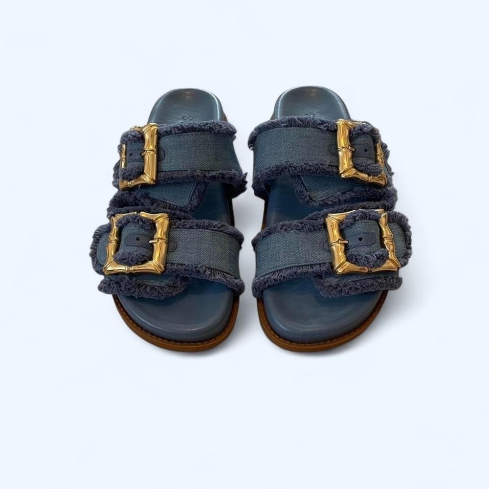 SCHUTZ Navy Blue Double-Buckle Slide Sandals with Gold Buckles
